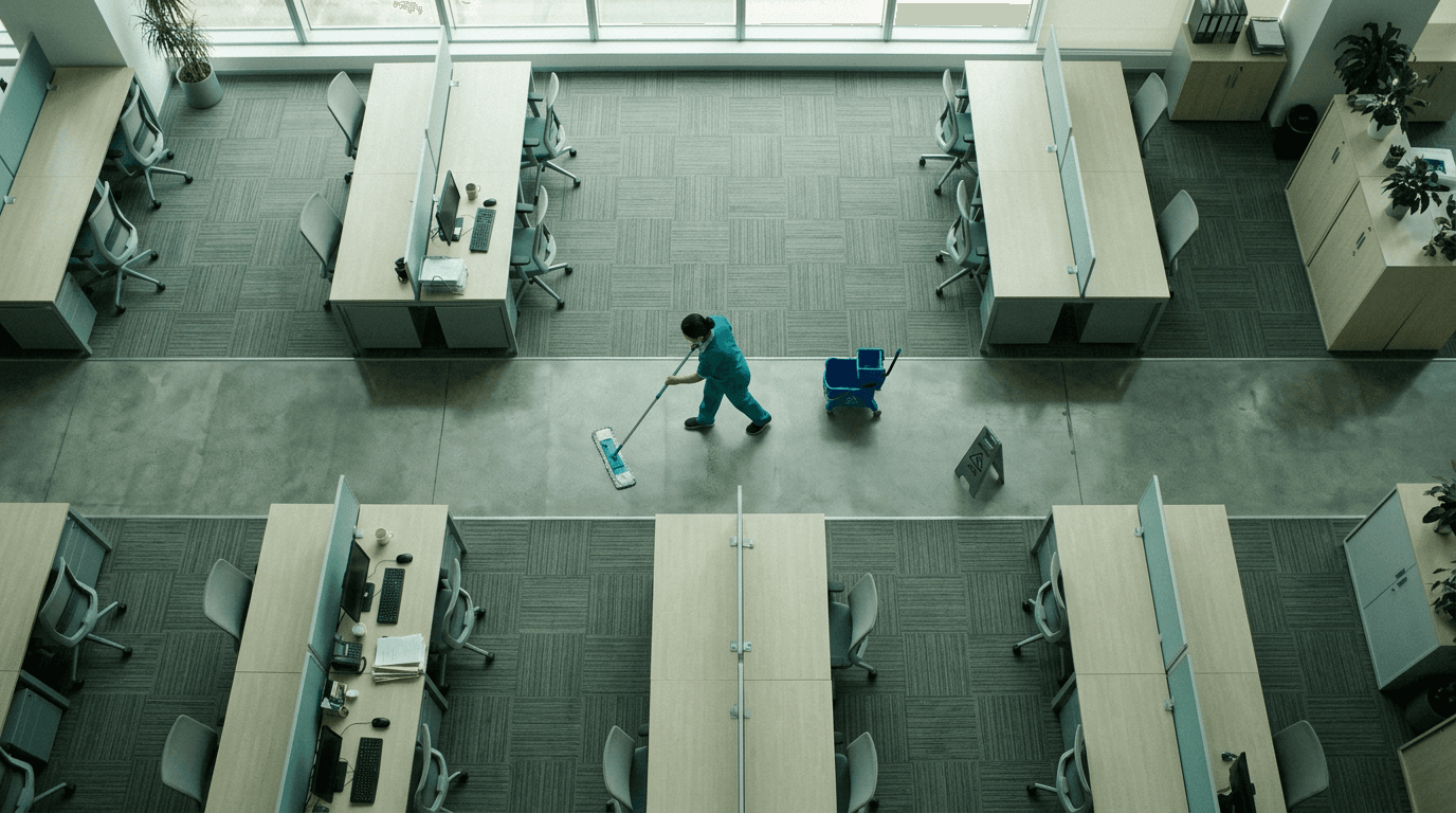 Vue de dessus d’un open space : une agente passe la serpillière dans l’allée entre les bureaux. Image générée.