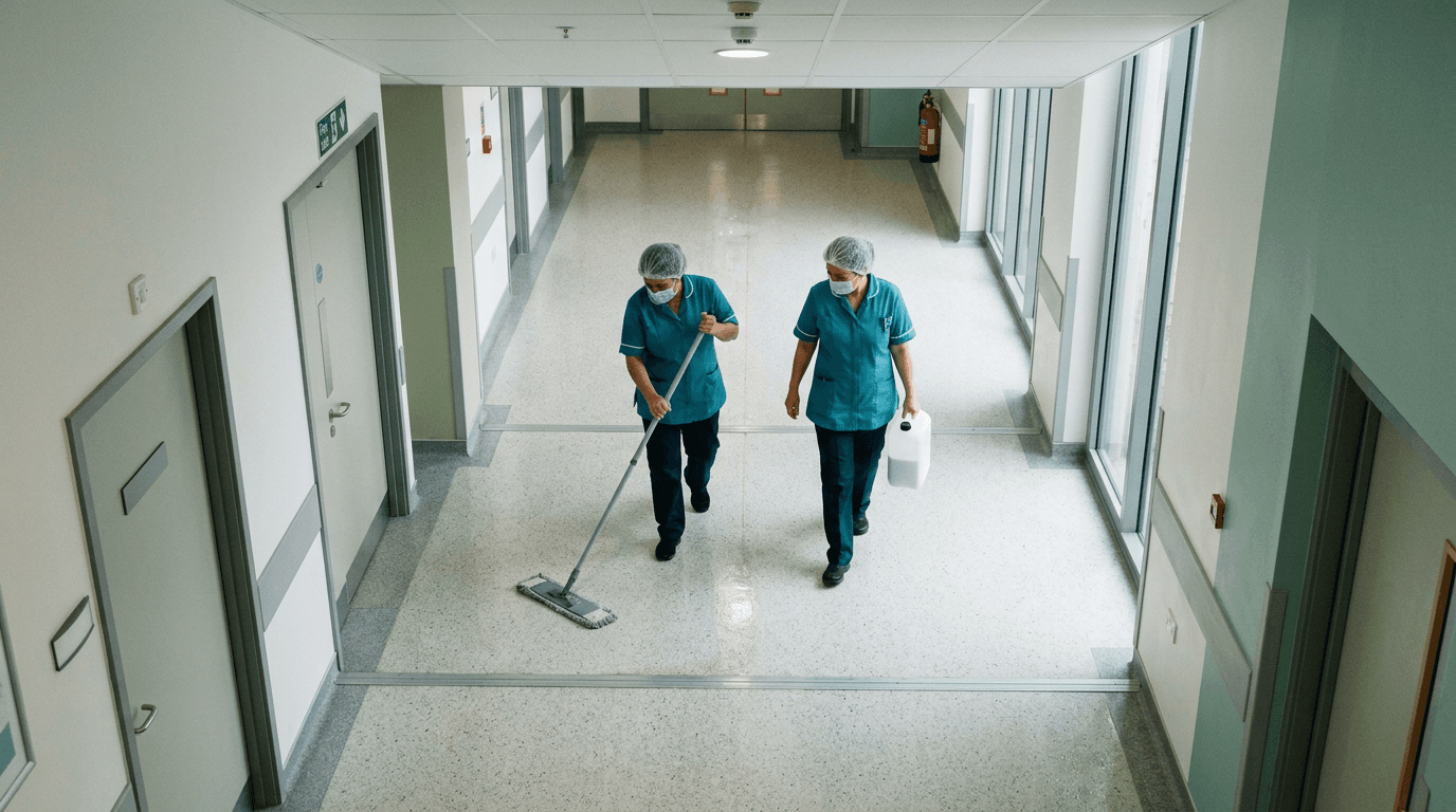 Vue de dessus d’un couloir de clinique : deux agentes en tenue turquoise, l’une avec une serpillière, l’autre avec un bidon blanc. Image générée.